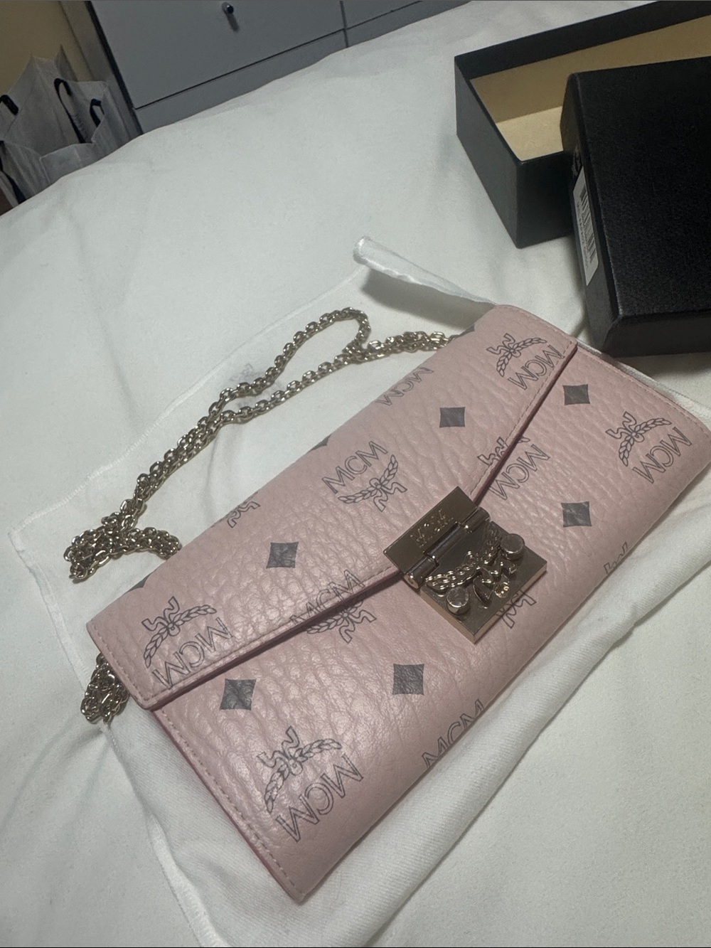 MCM Pink Logo-Print Leather Chain Crossbody